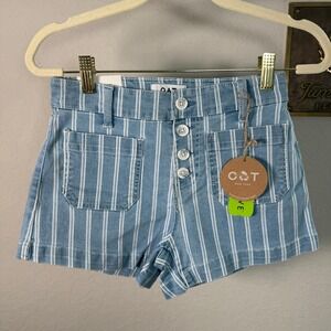 OAT New York Womens High Rise Striped Denim Shorts Blue White Button Fly Size 24